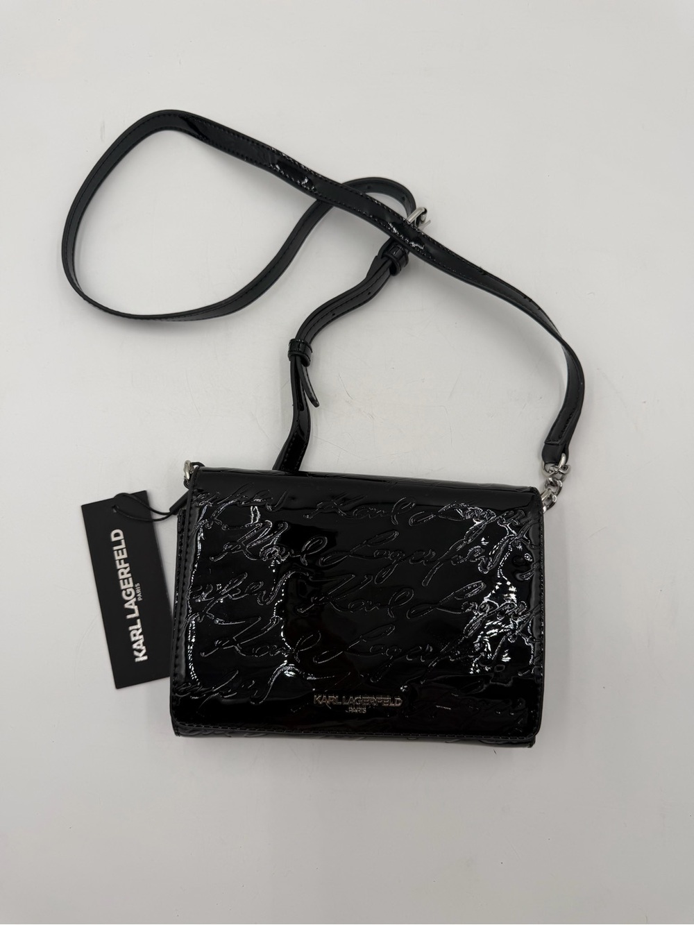 Karl Lagerfeld Black Patent Logo-Embossed Crossbody Bag